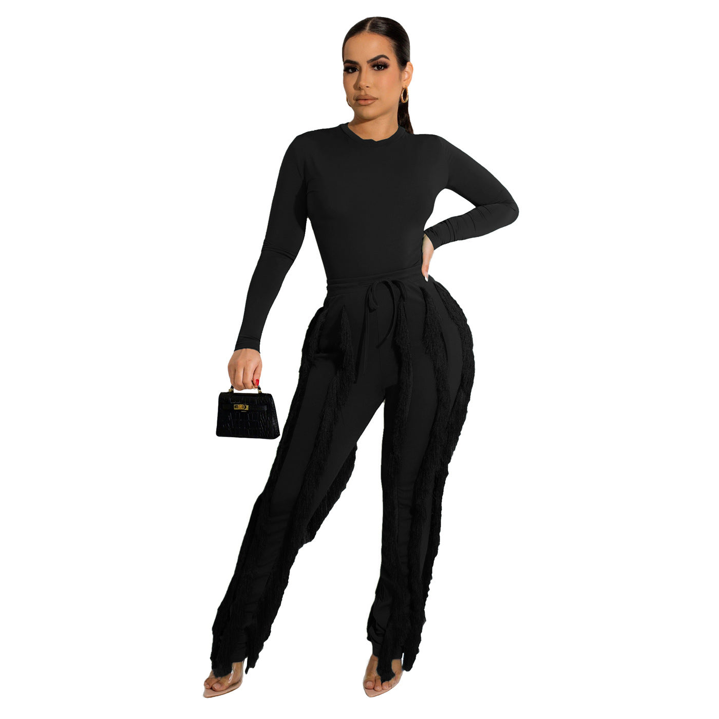 Two Piece Round Neck Top Tassel Pants Set