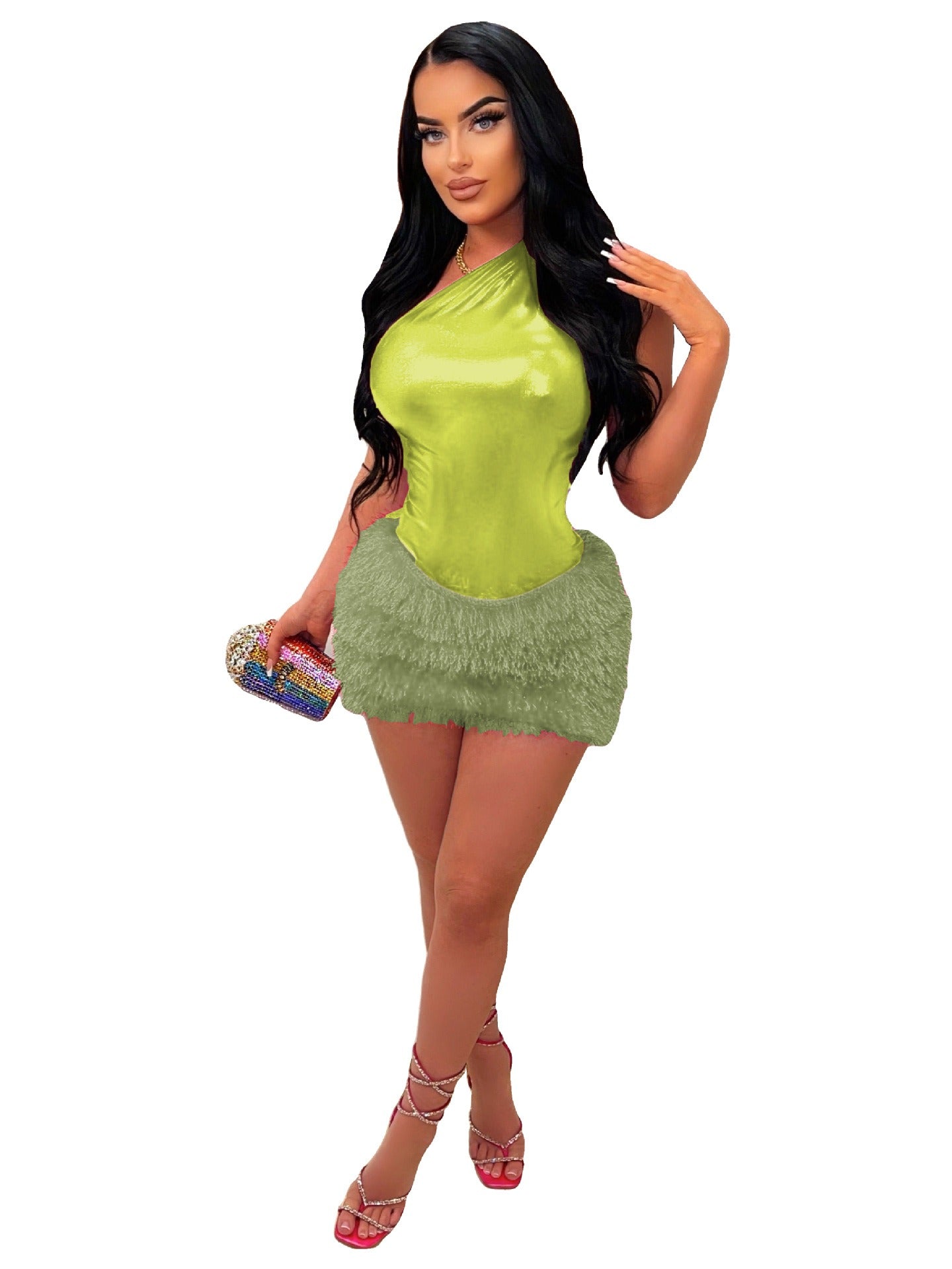 Two Piece One Shoulder Feather Skirt Suit