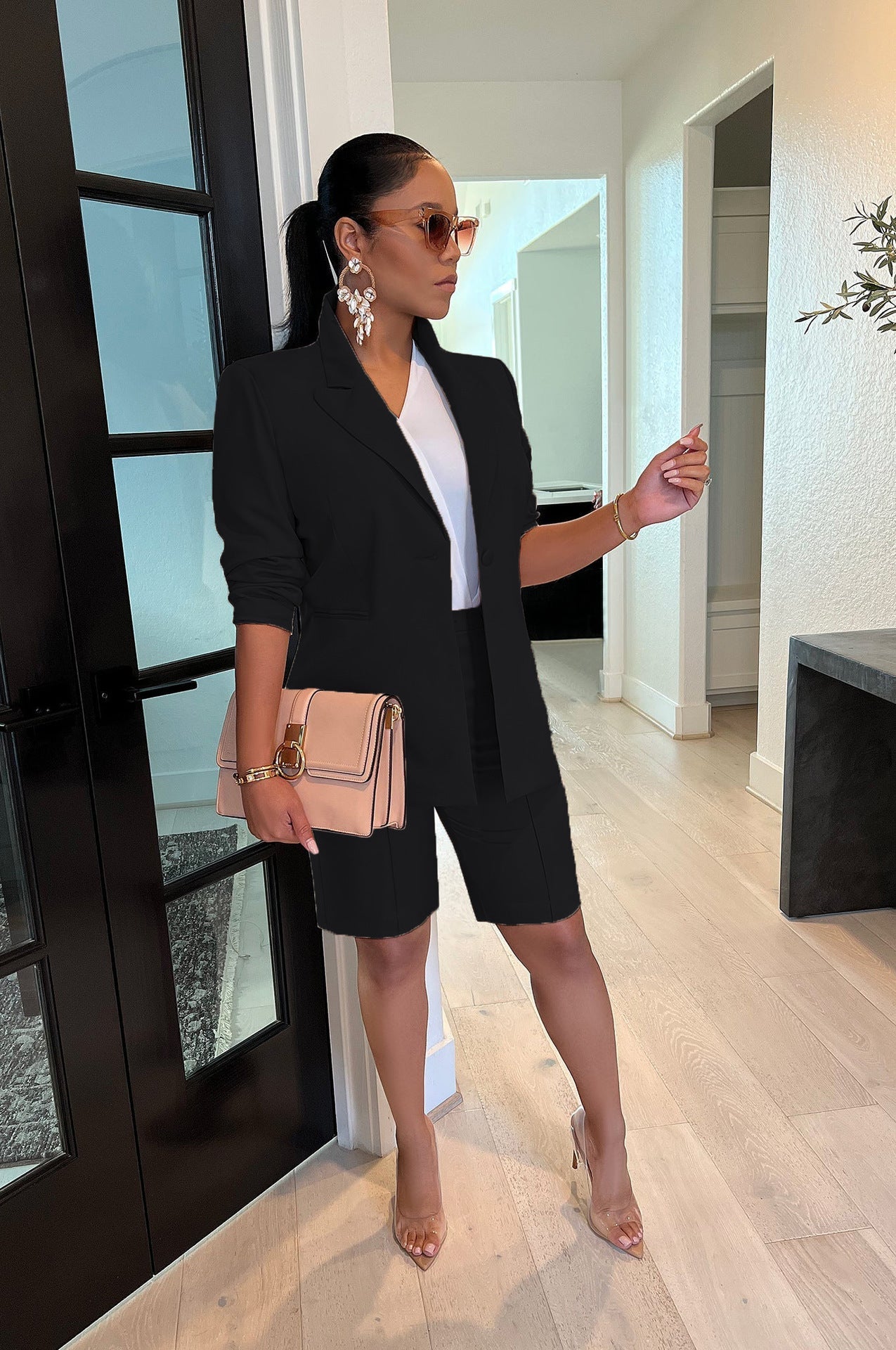 Two Piece Long Sleeve Blazer Shorts Pant Set