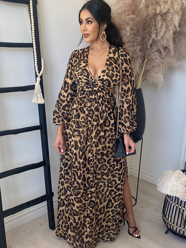 Long Sleeve Side Split Printed Maxi Dress