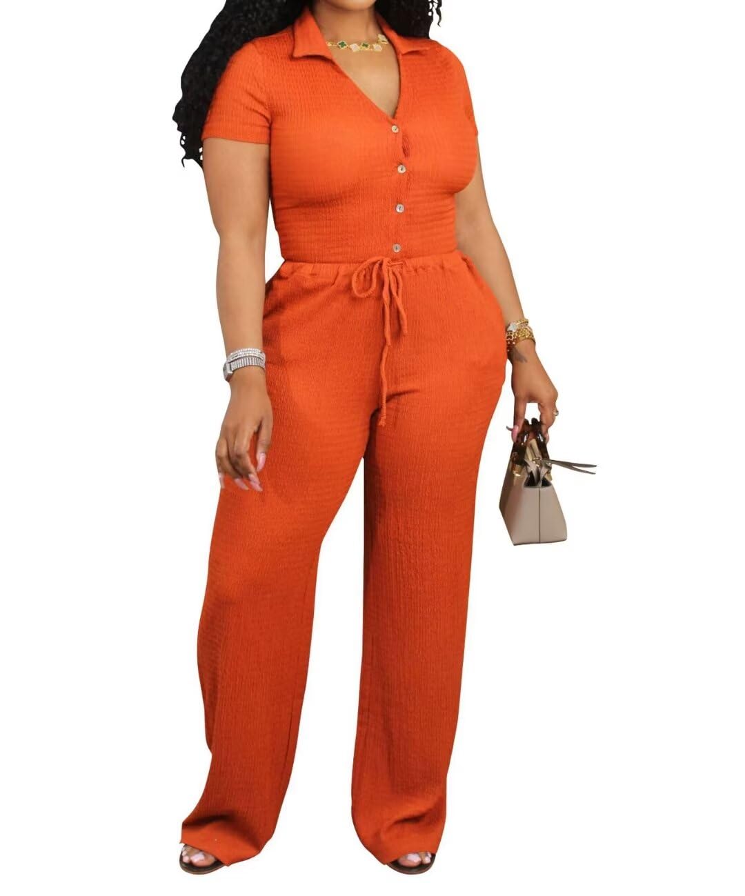 Two Piece Button Down Shirt Wide Leg Pant