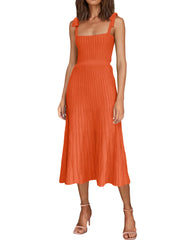 Tie Spaghetti Strap Square Neck Ribbed Knit Dress