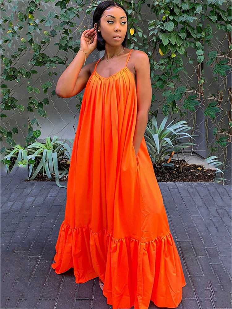 Plus Size Spaghetti Strap Ruffle Beach Maxi Swing Dress