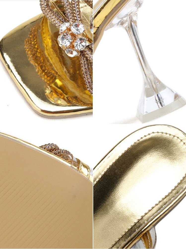 Rhinestone Bow Square Toe High Heel Slide
