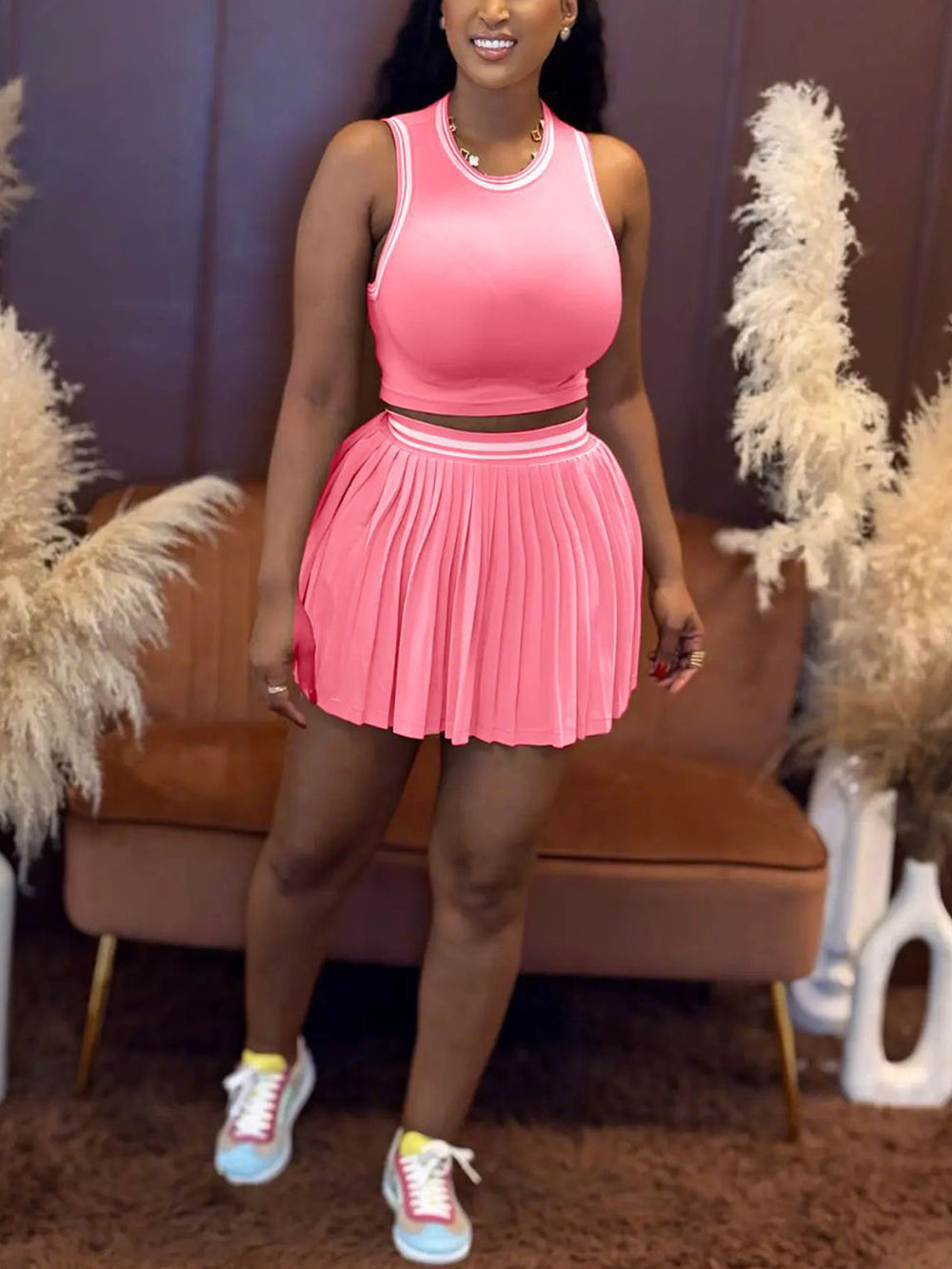 Sleeveless Crop Top Pleated Skirt Set