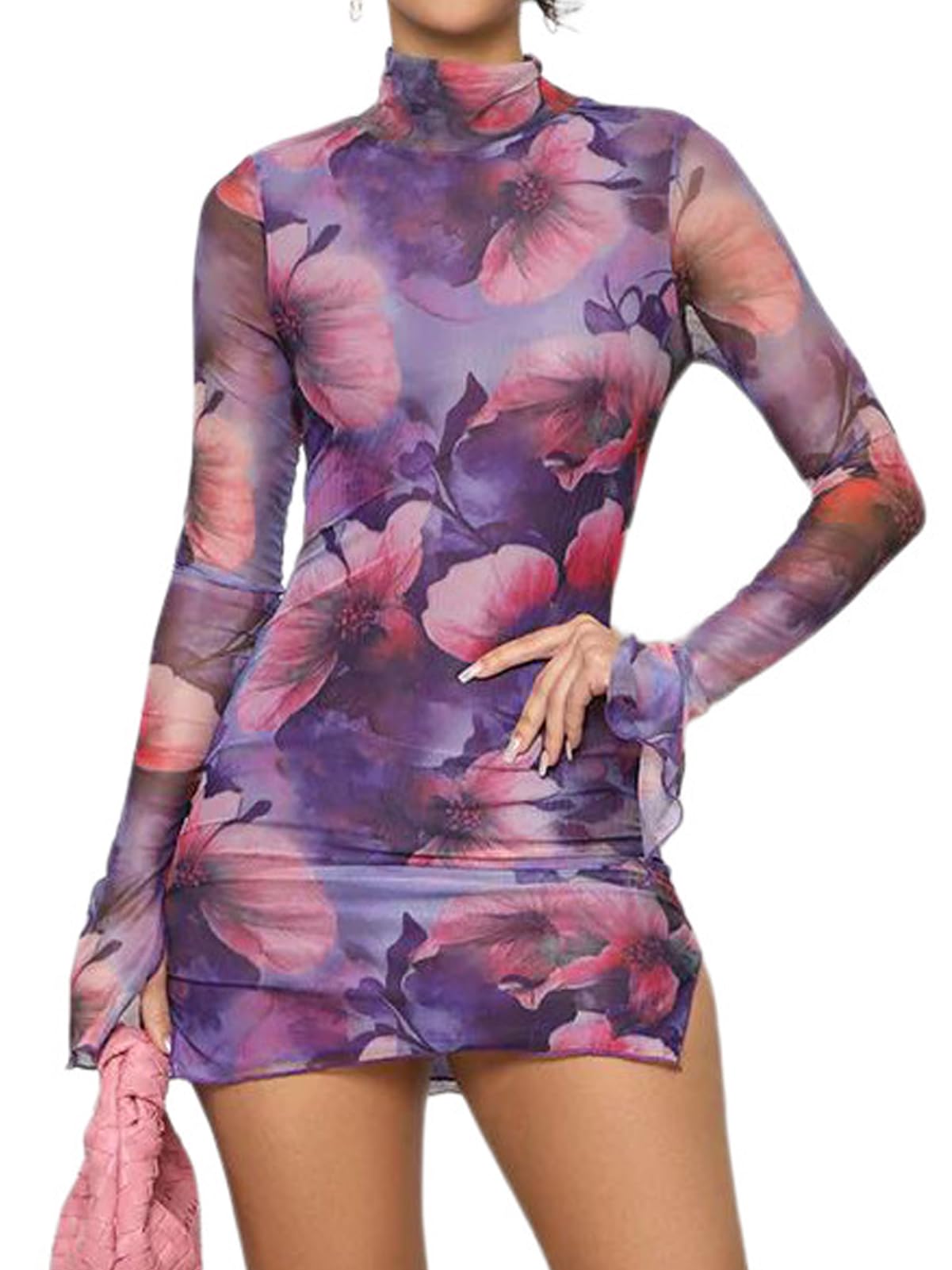 Floral Bell Sleeve Mesh Mini Dress