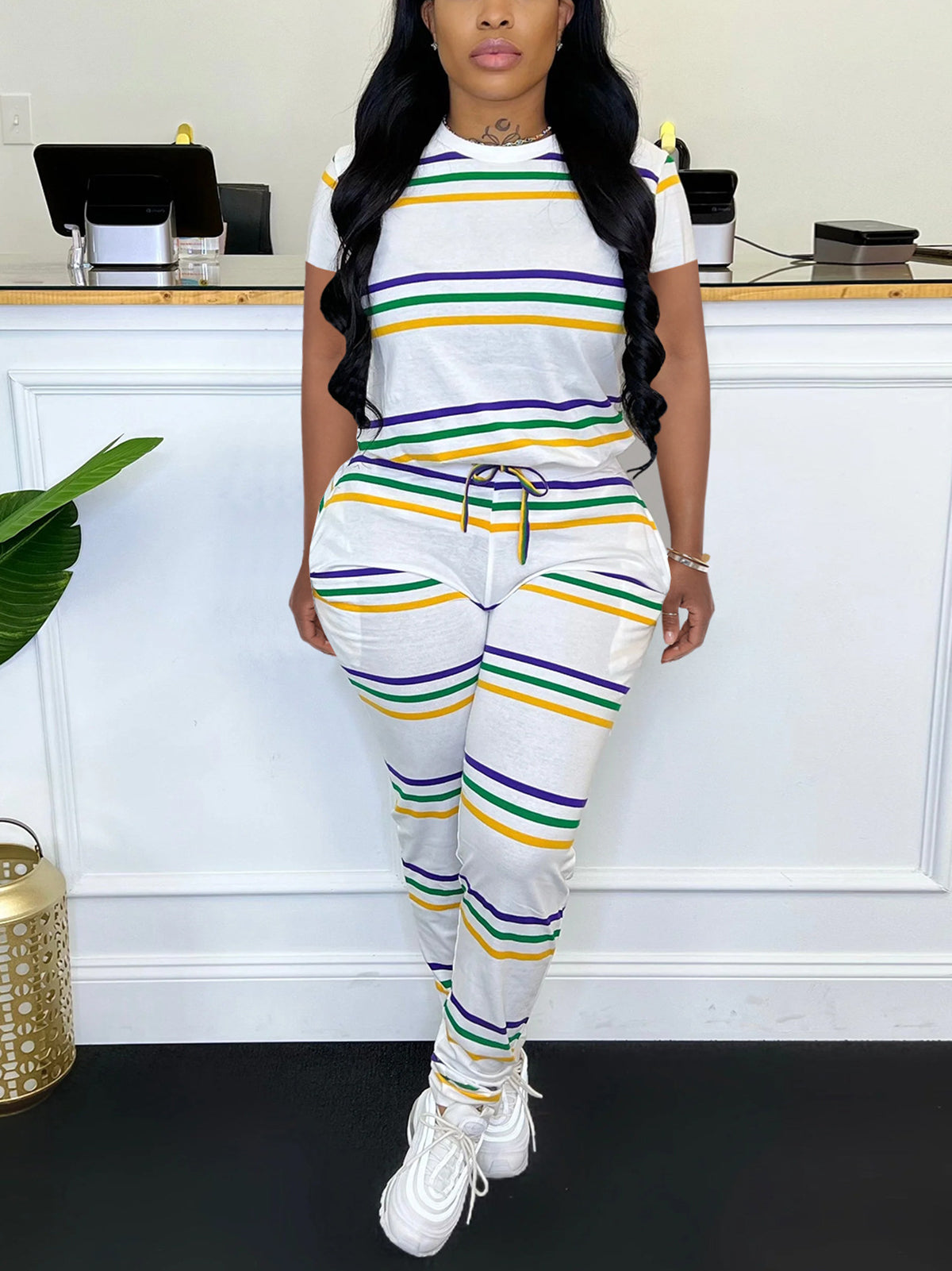 Two-Piece Striped Short Sleeve Top Pants Set