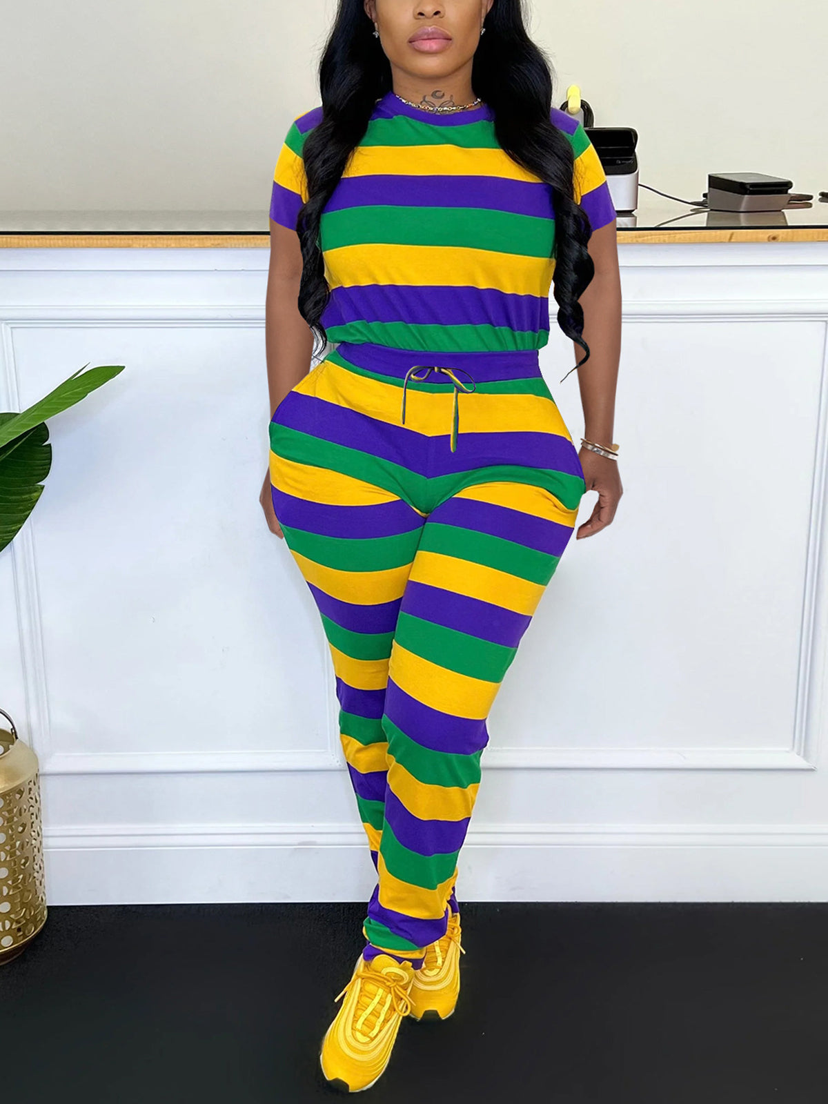 Two-Piece Striped Short Sleeve Top Pants Set