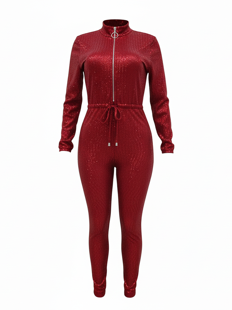 Glitzernder Jumpsuit mit langen Ärmeln und Gürtel 