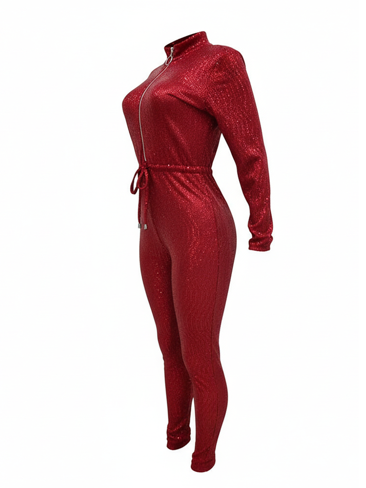 Glitzernder Jumpsuit mit langen Ärmeln und Gürtel 
