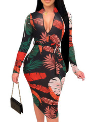 Floral Print Long Sleeve Belted Midi Dress