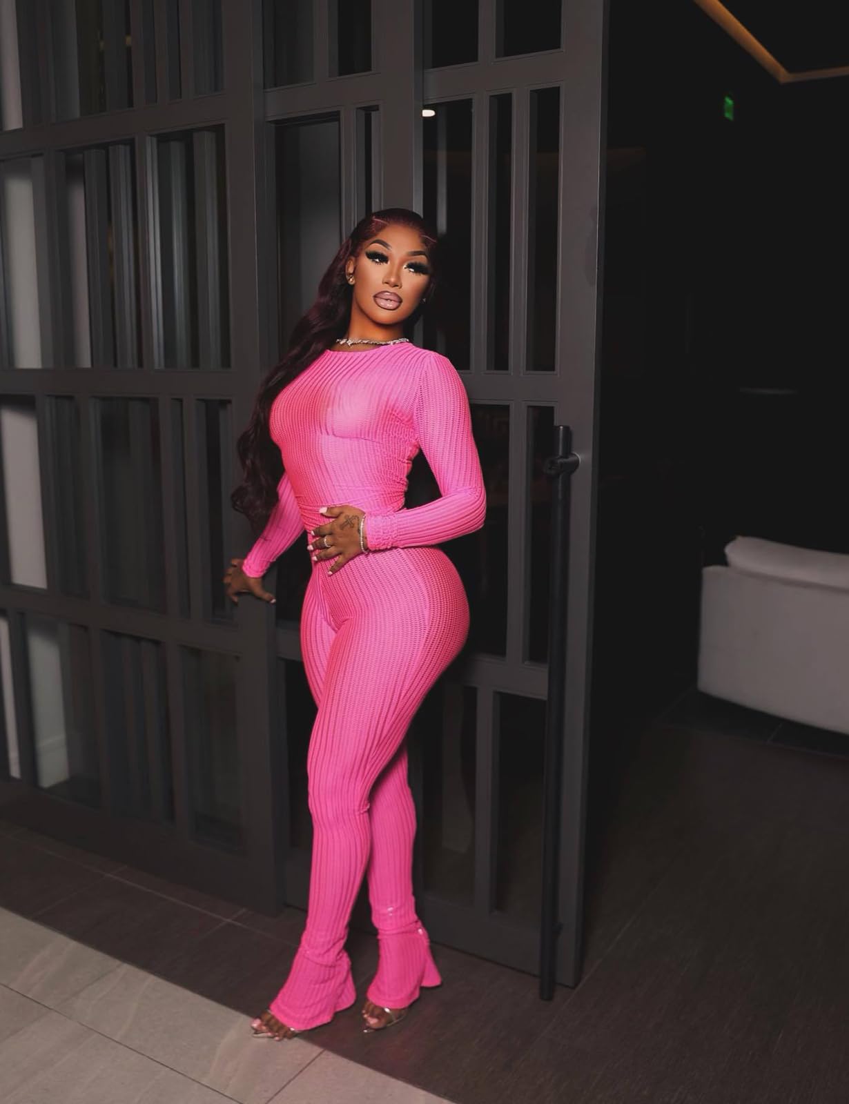 Two Piece Mesh Long Sleeve Crop Top Pants