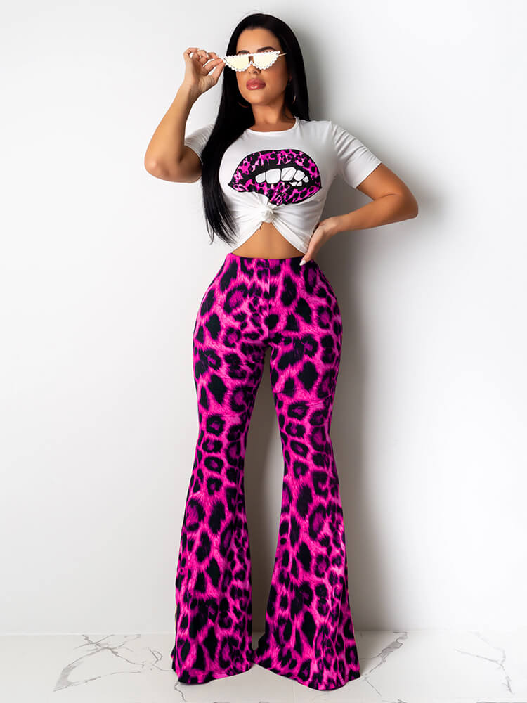 Two Piece Lips Print Top Leopard Pant Suit