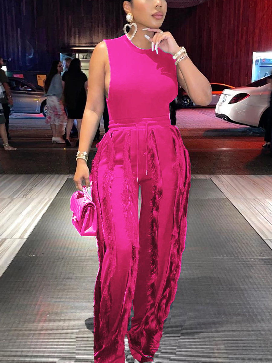 Two Piece Sleeveless Top Tassel Pants
