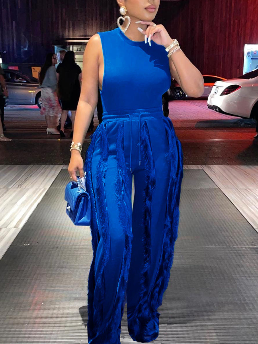 Two Piece Sleeveless Top Tassel Pants