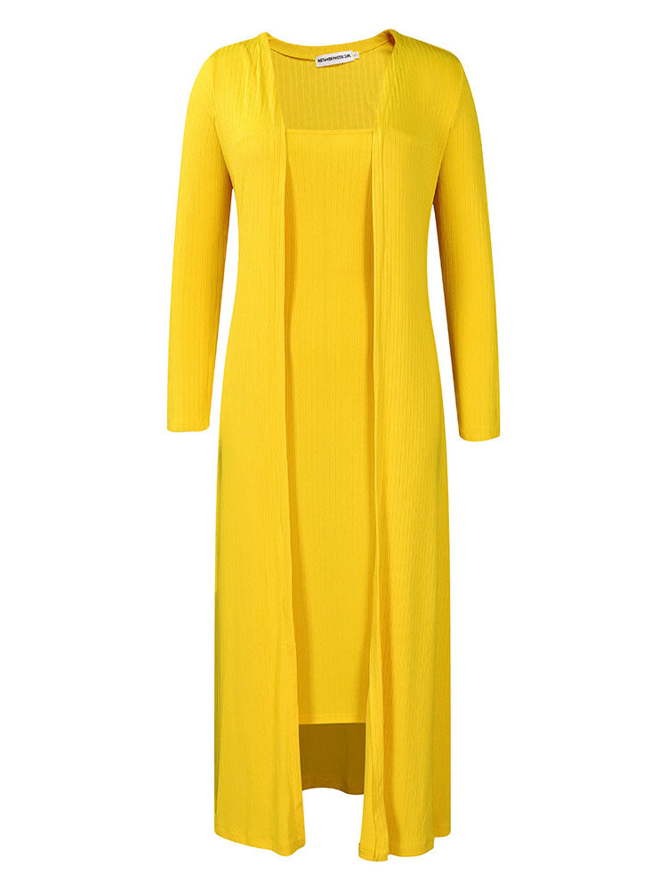 Solid Color Cardigan Midi Dress Two-Piece Set