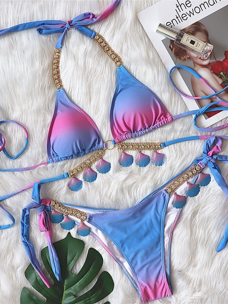 Rhinestone Embellishments Gradient Bikini Set