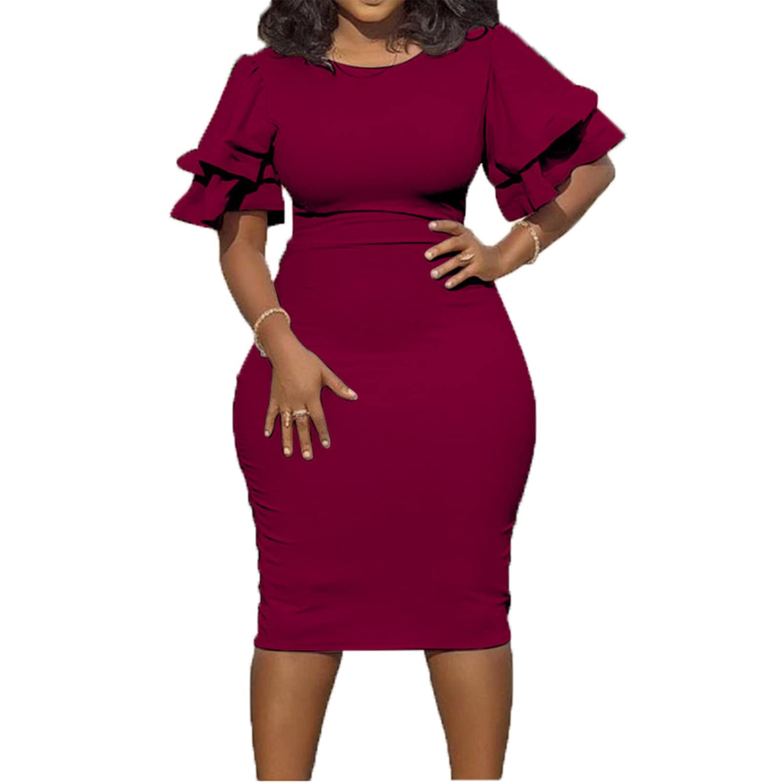 Round Neck Ruffle Bodycon Midi Dress