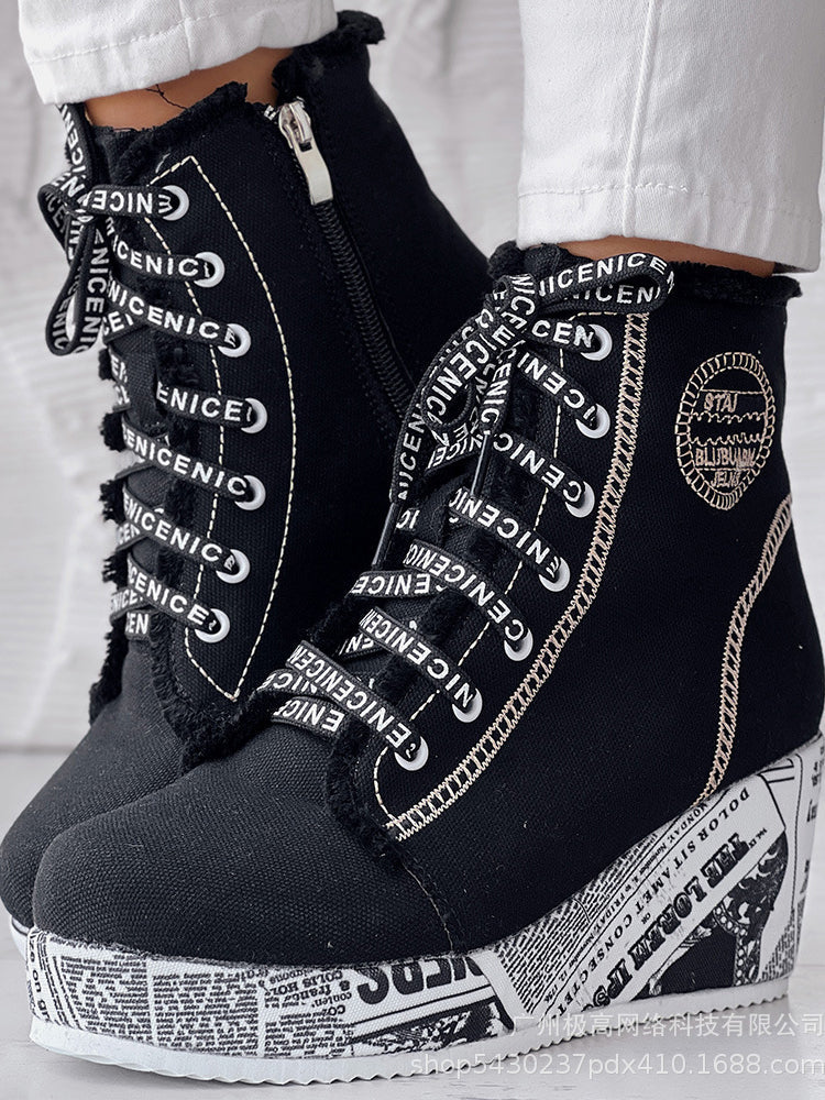 Newspaper Print Wedge High-Top Canvas Sneakers