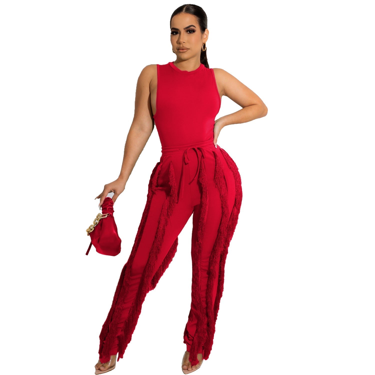Two Piece Sleeveless Top Tassel Pants