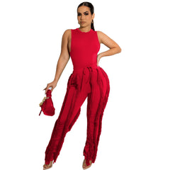 Two Piece Sleeveless Top Tassel Pants