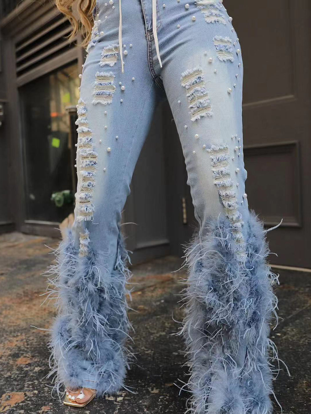 Feather Beaded Distressed Flare Jeans
