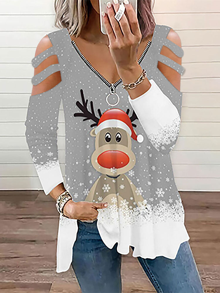 Christmas Plus Size Long Sleeves Elk Print Top
