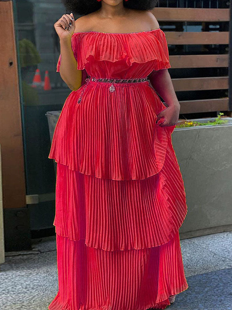 Off Shoulder Layered Pleated Plus Size Maxi Dress
