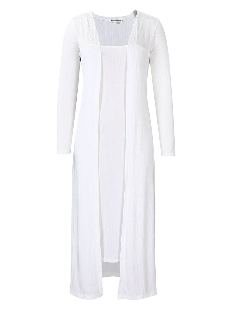 Solid Color Cardigan Midi Dress Two-Piece Set