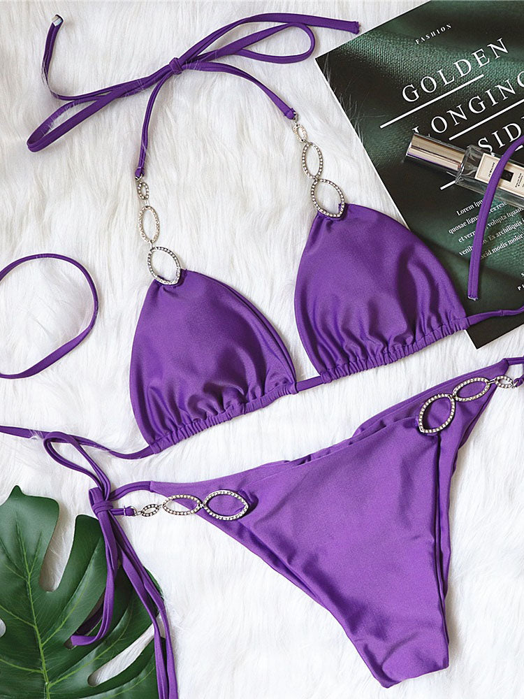 Metal Rhinestone Accented Monochrome Swimsuit Set