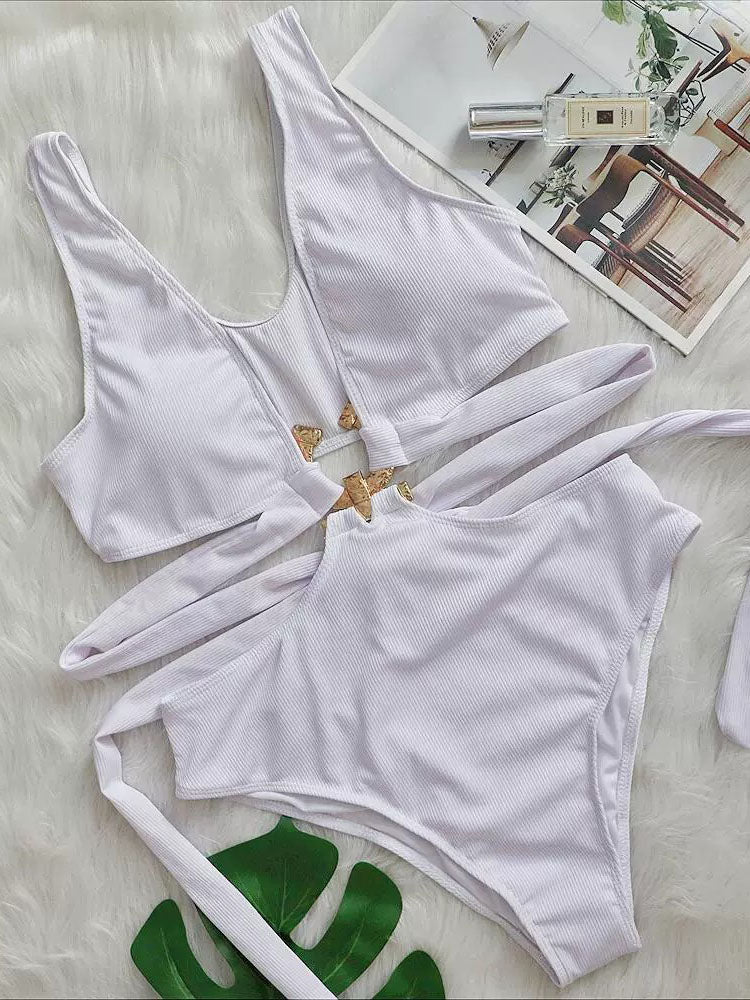 Sleeveless Backless Leaf Print Swimsuit