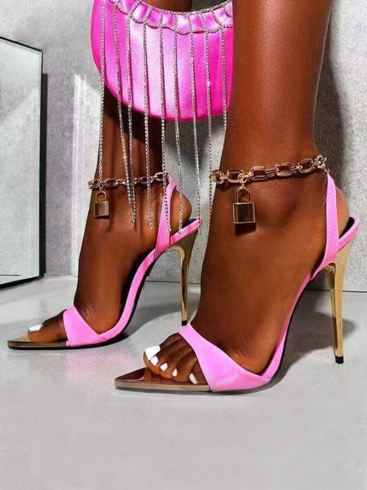 Metallic Chain Pointed Toe Stiletto Sandal