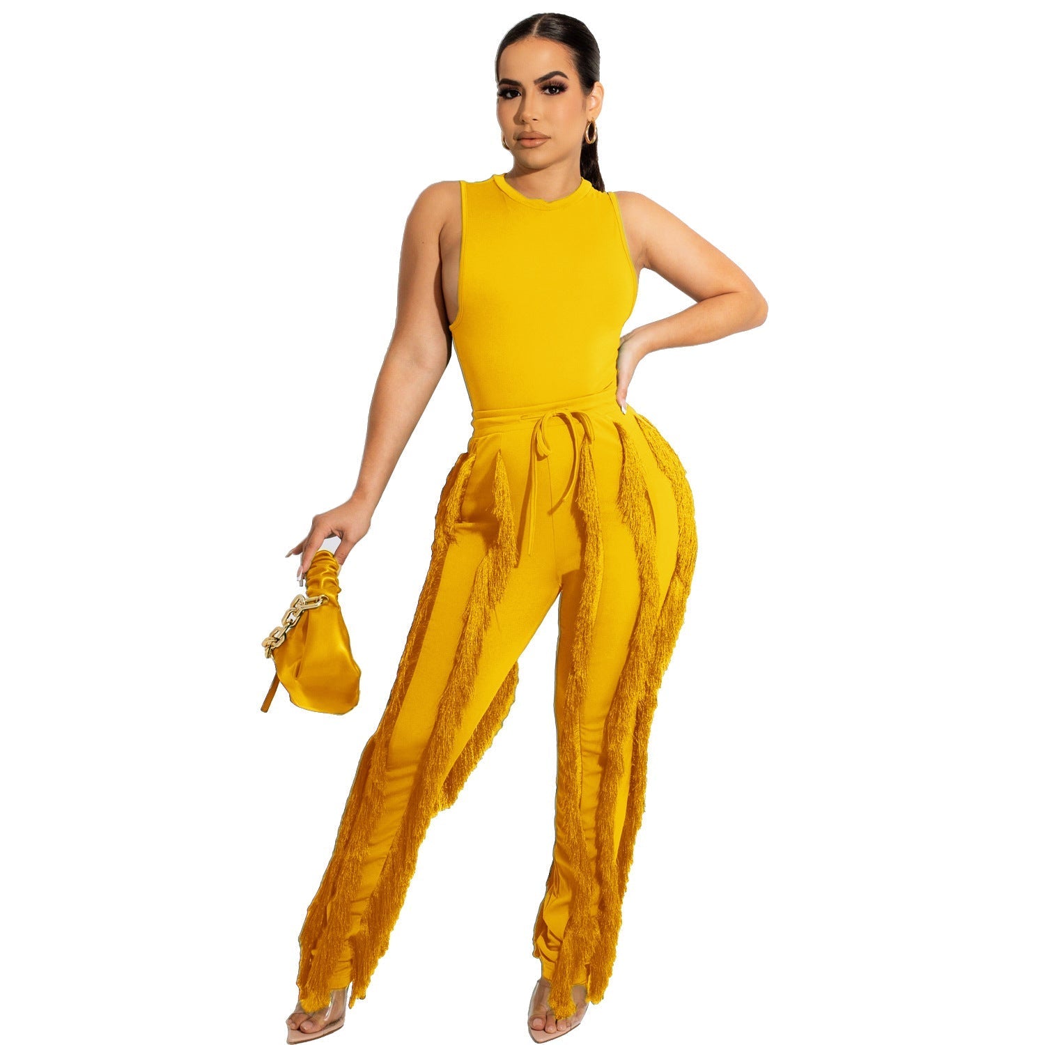 Two Piece Sleeveless Top Tassel Pants