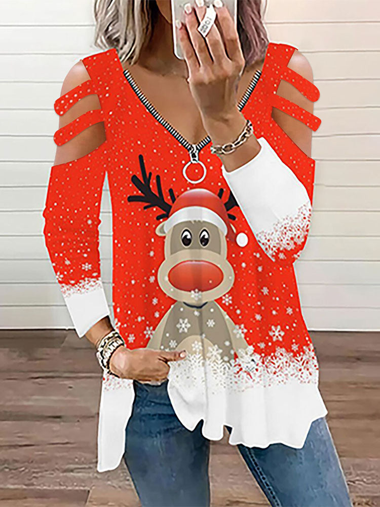 Christmas Plus Size Long Sleeves Elk Print Top