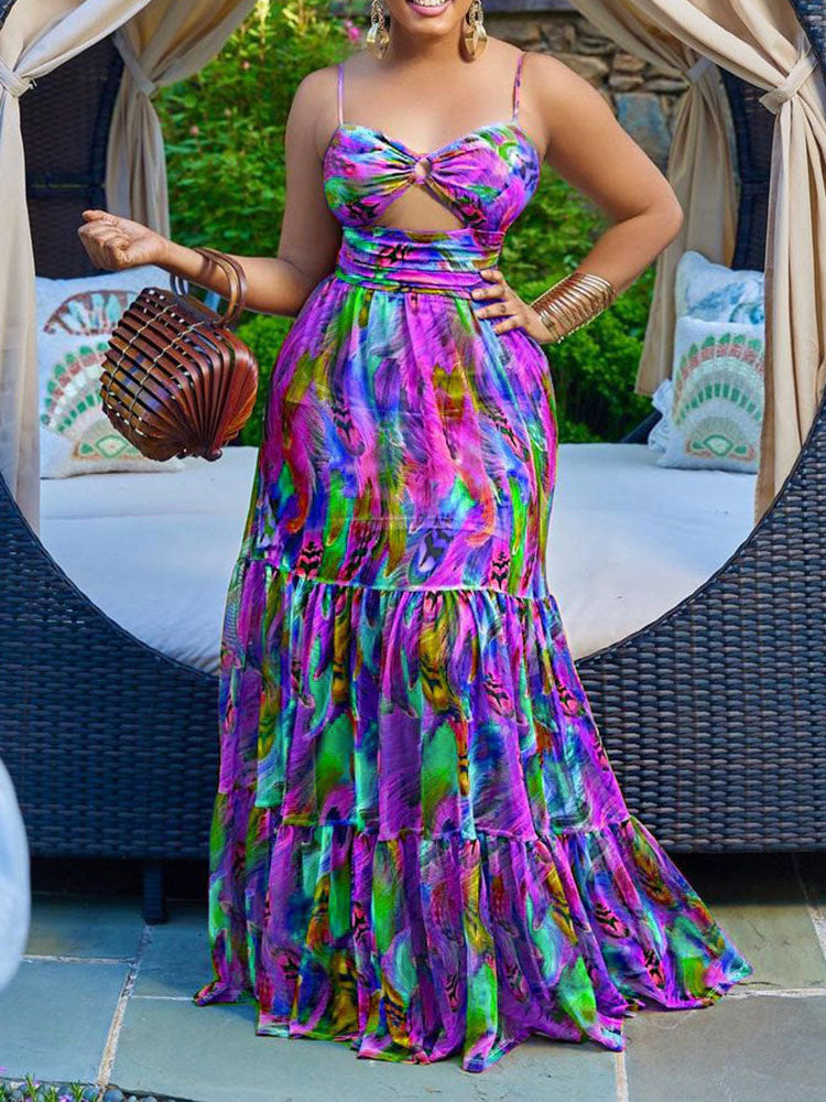 Spaghetti Strap Printed Tie-Dye Maxi Dress