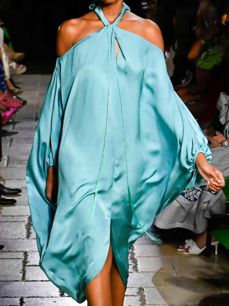 Colorful Striped Sexy Halter Neck Tie Maxi Dress