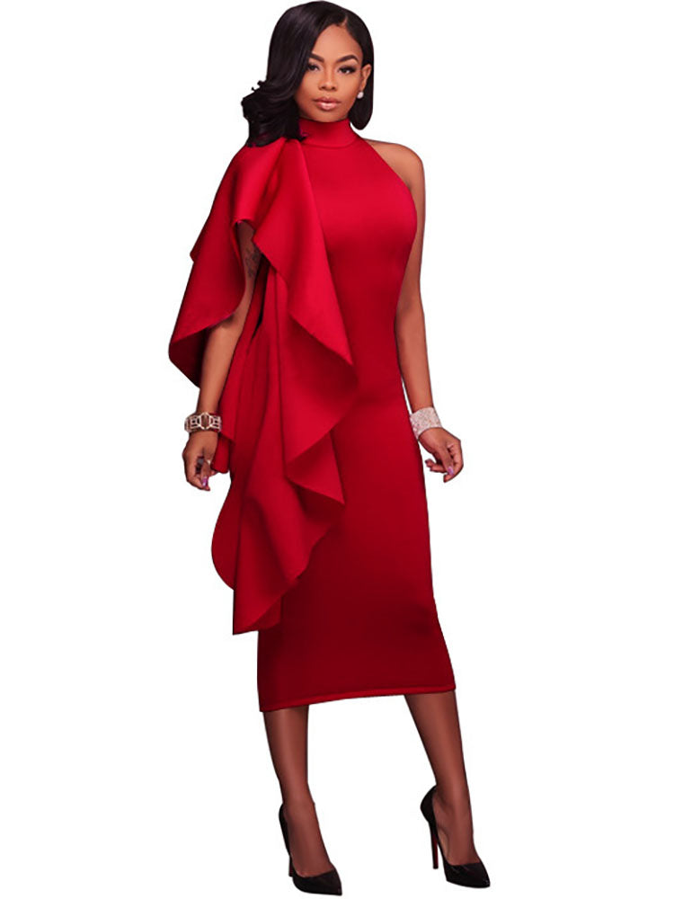 Mock Neck Sleeveless Ruffle Midi Dress