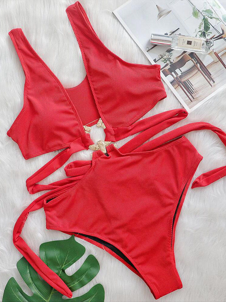 Sleeveless Backless Leaf Print Swimsuit