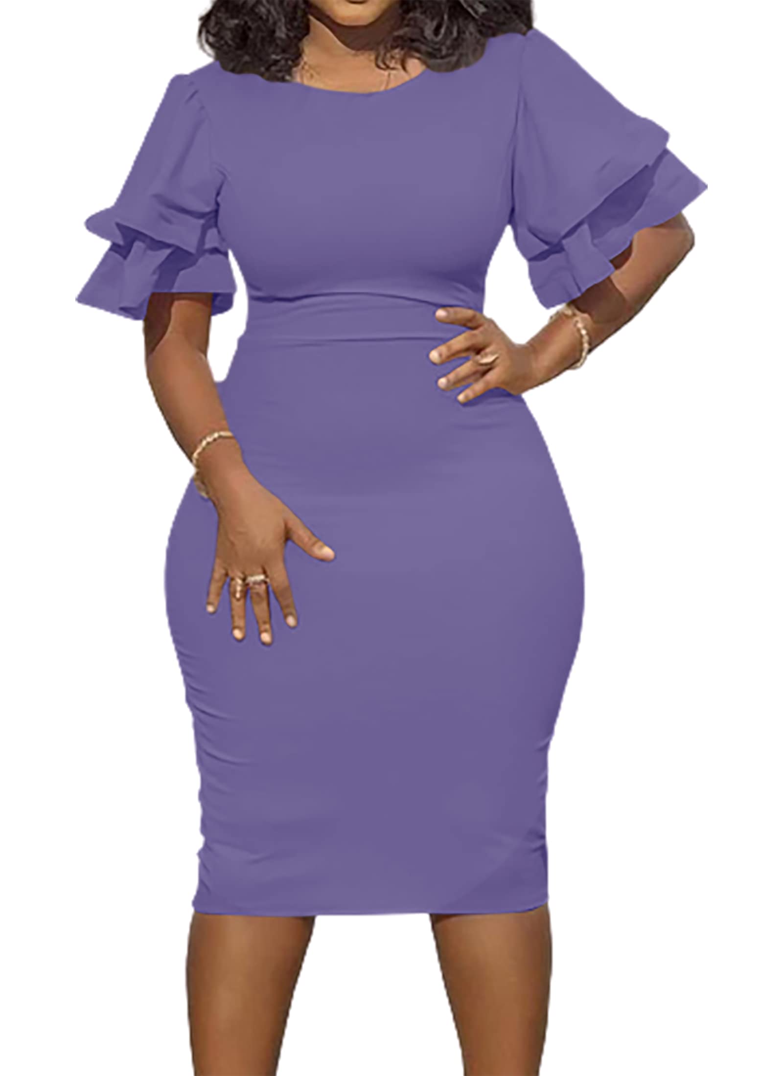 Round Neck Ruffle Bodycon Midi Dress