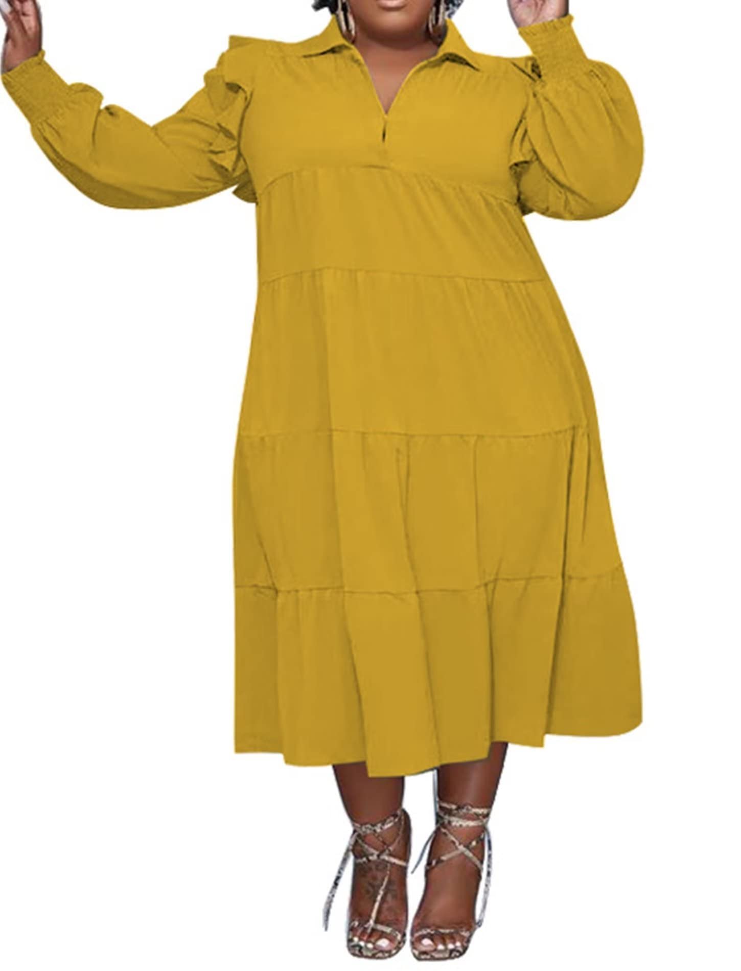 Plus Size Long Sleeve Ruffle Lapel Maxi Dress