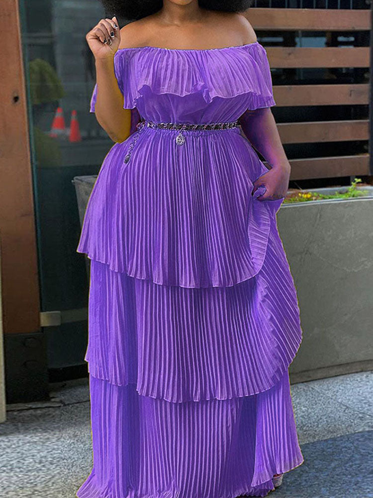 Off Shoulder Layered Pleated Plus Size Maxi Dress