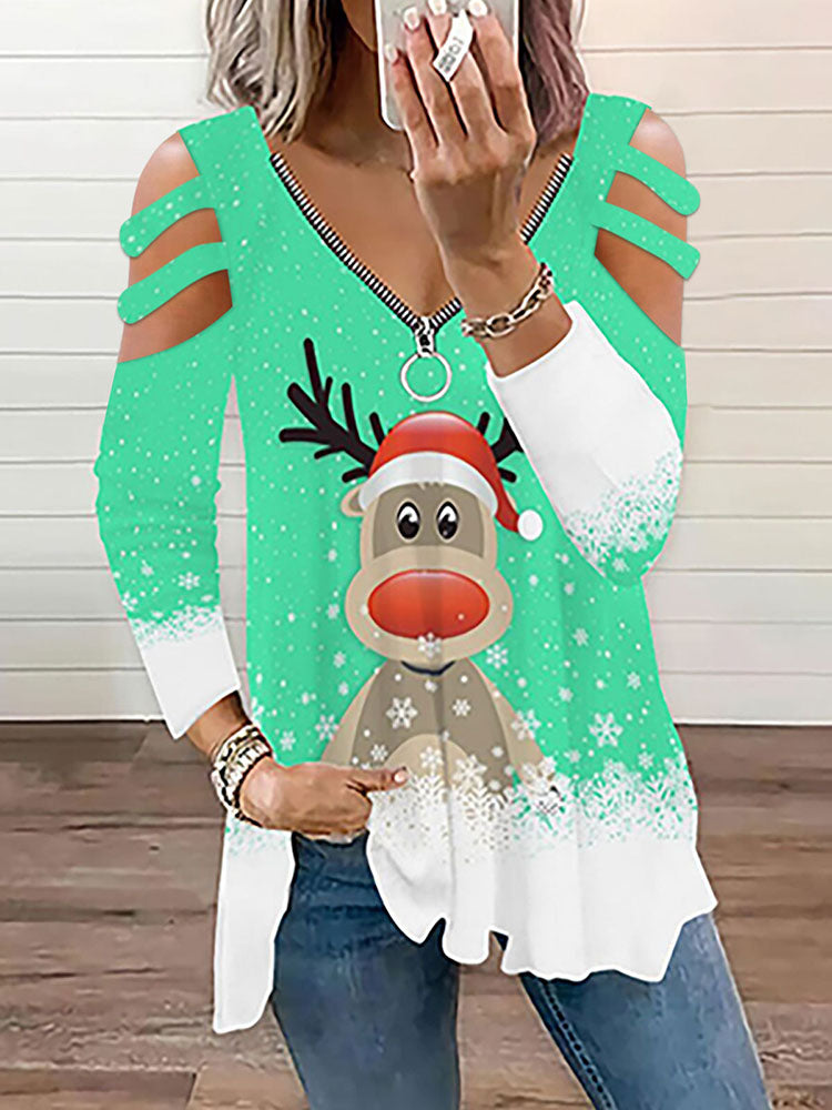 Christmas Plus Size Long Sleeves Elk Print Top