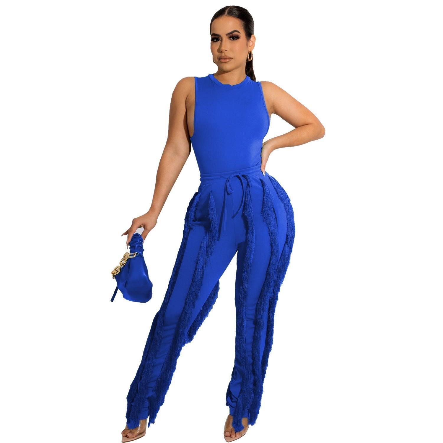 Two Piece Sleeveless Top Tassel Pants