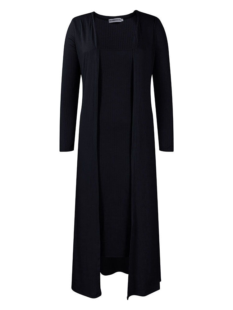 Solid Color Cardigan Midi Dress Two-Piece Set