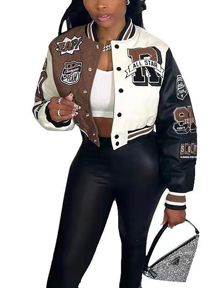 Colorblock Letter Print Baseball Jacket