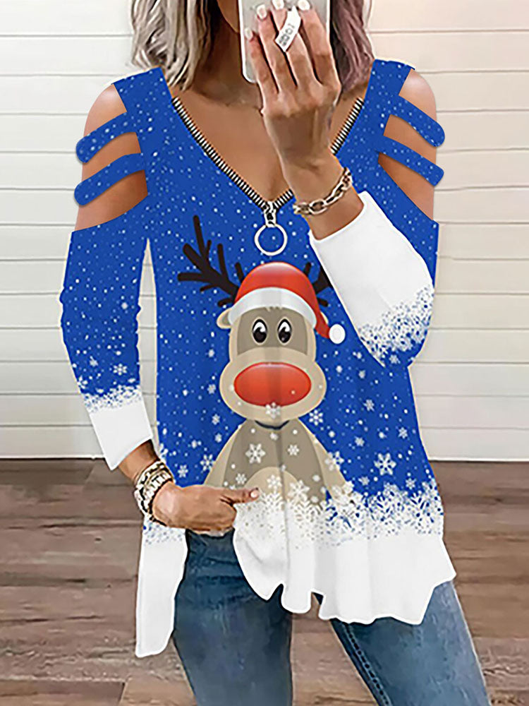 Christmas Plus Size Long Sleeves Elk Print Top