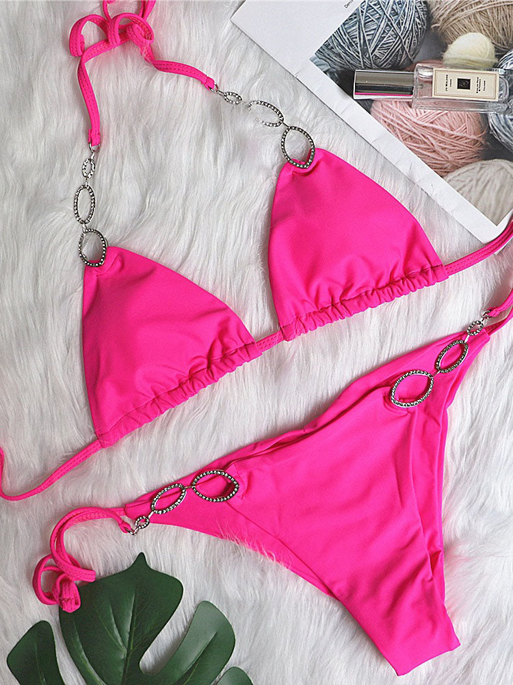 Metal Rhinestone Accented Monochrome Swimsuit Set