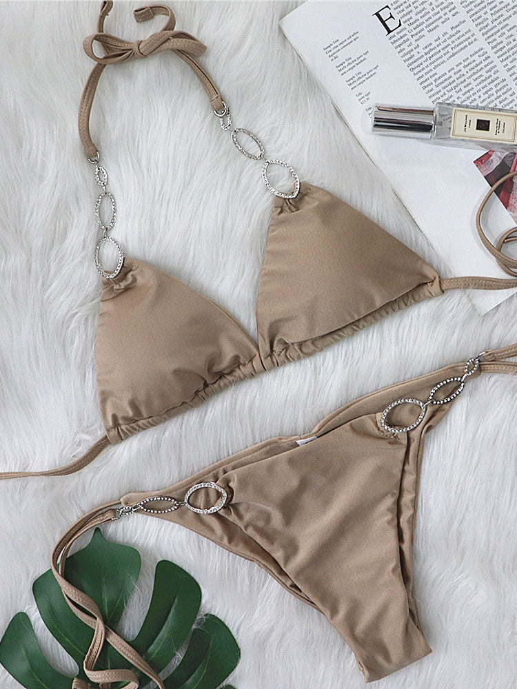 Metal Rhinestone Accented Monochrome Swimsuit Set