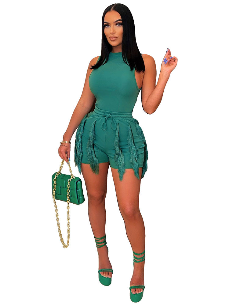 Two Piece Bodysuit Tassels Shorts Sets
