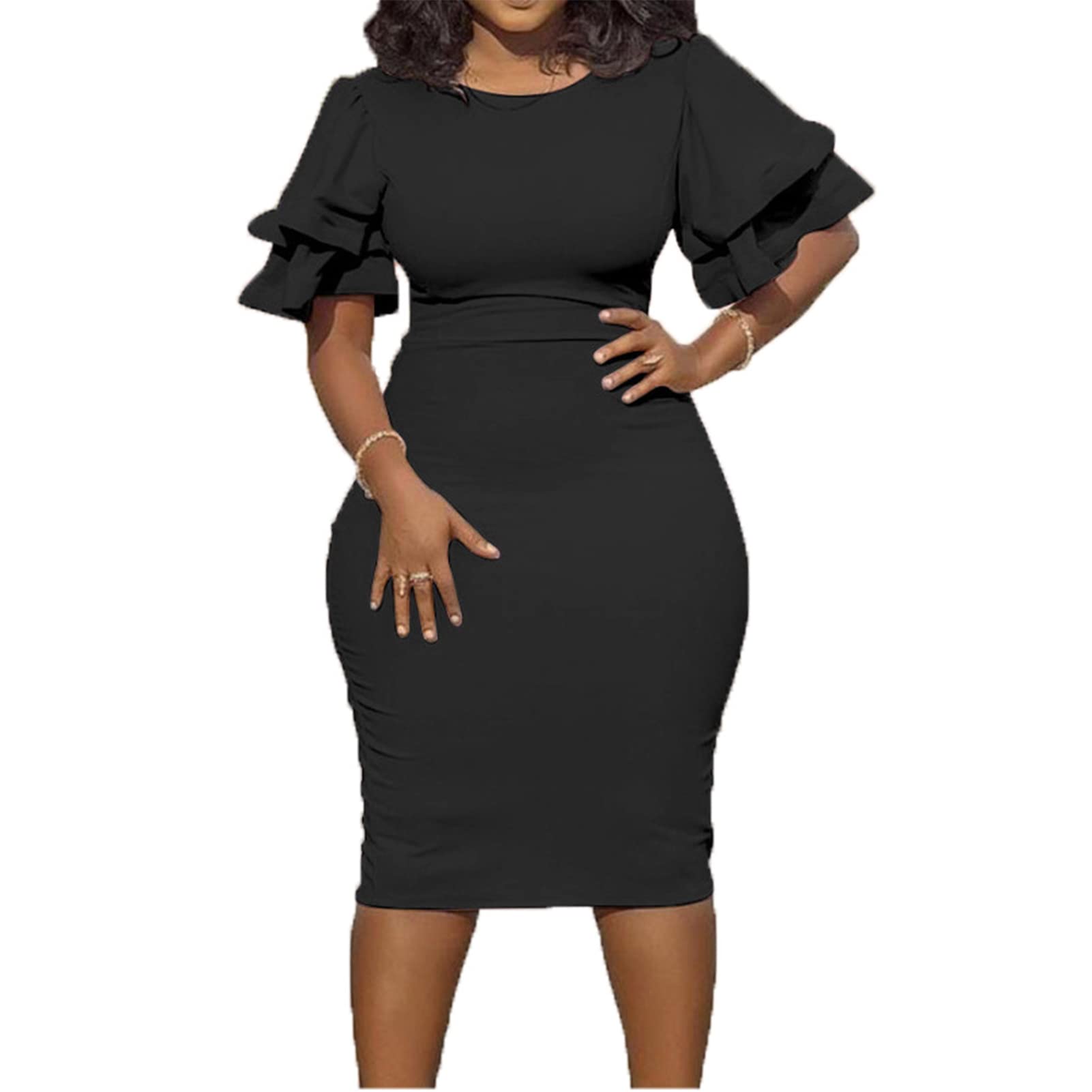 Round Neck Ruffle Bodycon Midi Dress